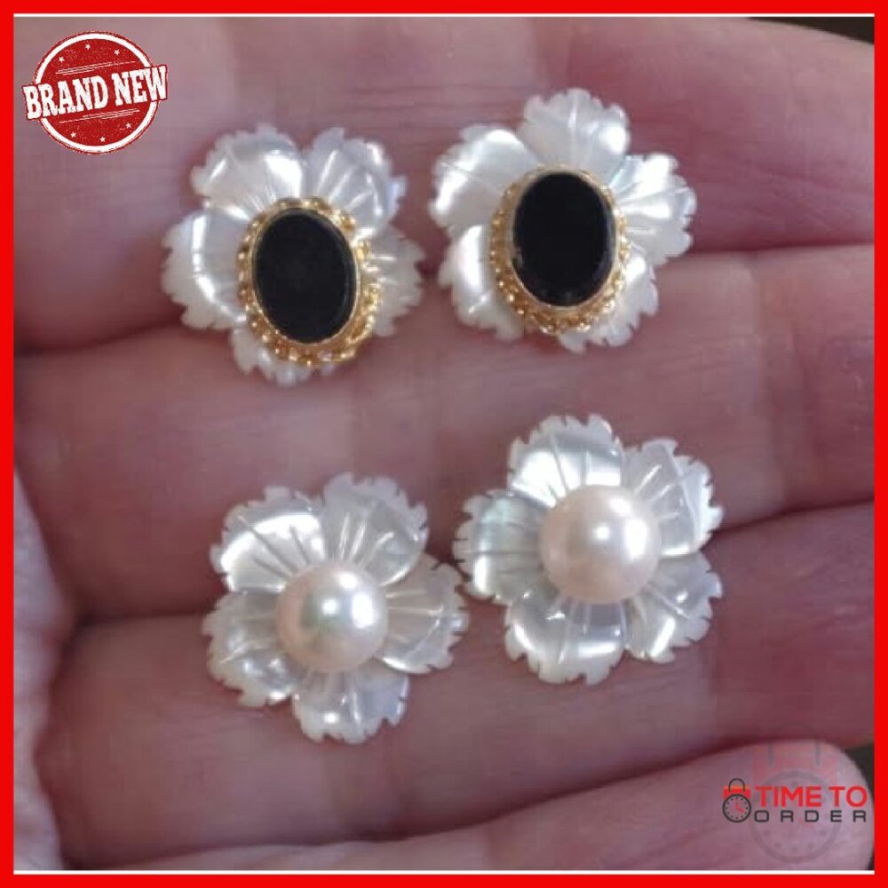 14mm Mother of Pearl Flower Stud Jackets, Handmade Jewelry Enhancers - Picture 6 of 8